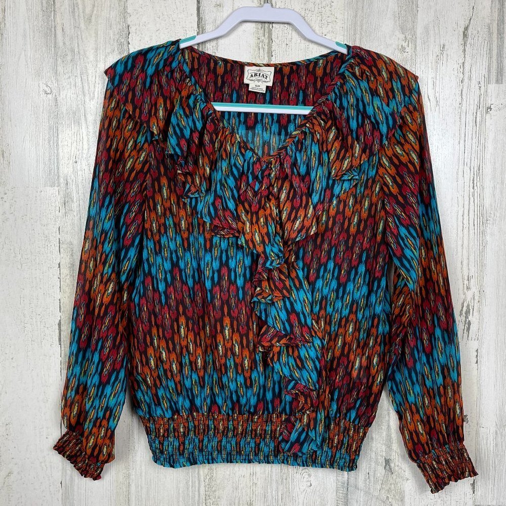 Ariat ikat print top cape neck smocking ruffle western rodeo small